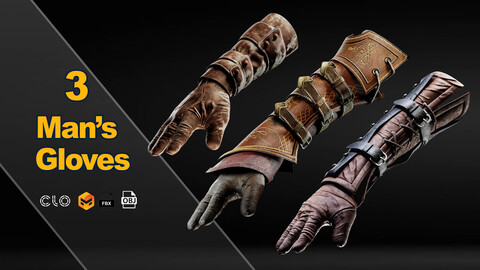 3 Man' s Gloves / marvelous designer / clo3d / PBR textures / OBJ / FBX