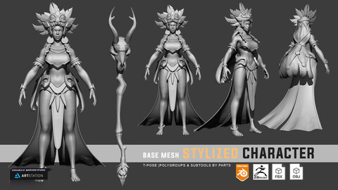 Stylized Character Mage Concept | Mage Character | FBX | Blender | OBJ | Polygroups By Parts