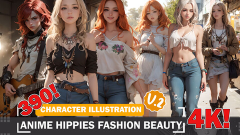 384 Anime Hippie Fashion Beauty Characters Back to the Past Diverse Designs and Intricate Reference Art V2 4K