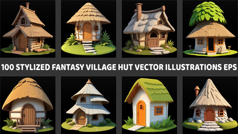 100 Stylized Fantasy Village Hut Vector Illustrations EPS