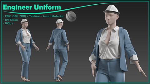 female engineer uniform with texture and smart material/ zprj+obj+fbx+4K PBR+SPSM/ clo3d, marvelous designer/ vol1