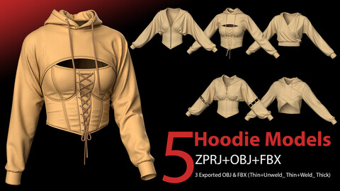 5 Hoodie Models (VOL1) Marvelous Designer/Clo3D ZPRJ,OBJ,FBX,UV