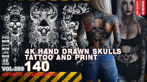 140 4K  HAND DRAWN SKULLS TATTOO AND PRINT - ARTISTIC ILLUSTRATION - HIGH END QUALITY - (JPEG & TRANSPARENT PNG & ALPHA ) - VOL289