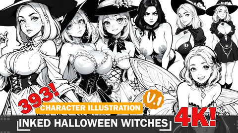 393 Anime Inked Halloween Witches Diverse Outfit Character Design Reference Art V1 4K