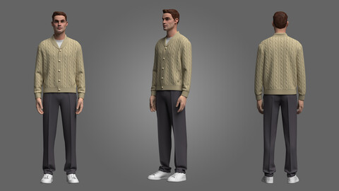 Male Cardigan T-shirts and Pant Outfit_3D MOdel