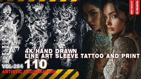 110 4K  HAND DRAWN LINE ART SLEEVE TATTOO AND PRINT - ARTISTIC ILLUSTRATION - HIGH END QUALITY - (JPEG & TRANSPARENT PNG & ALPHA ) - VOL284