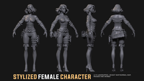 Stylized Female character | UV's Unwrapped | Rigged and skinned | Production Ready Character | Height Map.