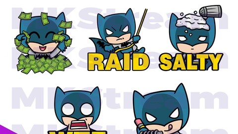 Emotes Chibi Batman rich, raid, salty, wtf & note pack