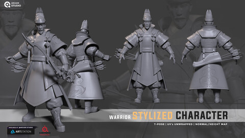 Stylized Character | Warrior | Production ready Model | UV's Unwrapped | OBJ | FBX | Height Map | Blendshapes included.