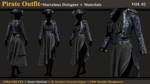 Pirate Outfit-FEMALE-MD/Clo3d + Smart Material + 4K Textures + OBJ + FBX (vol 02)