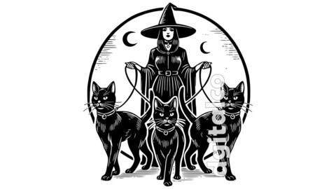 Halloween Witch With Three Black Cats Vector Art Pack