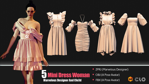 5 Mini Dress Women (CLO3D, MD PROJECTS+OBJ+FBX) Vol 01