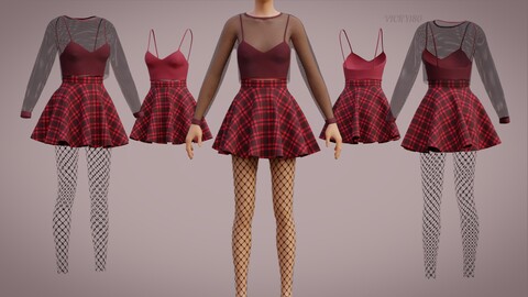 3D Grunge Fishnet Outfit - Plaid Skirt and Sheer Blouse leggings tights goth clothing