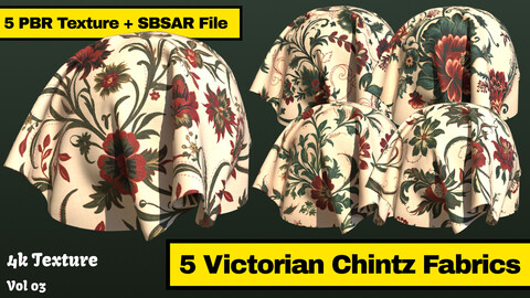 5 Victorian Chintz Fabrics - PBR Texture + SBSAR File - Vol 3