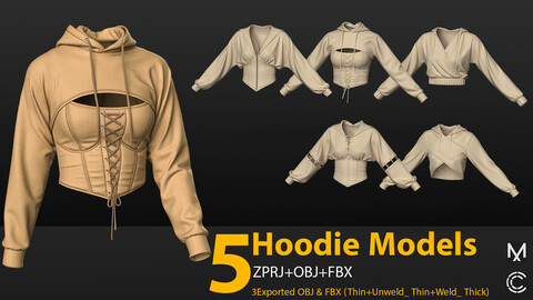 5 Hoodie Models (VOL1) Marvelous Designer/Clo3D ZPRJ,OBJ,FBX,UV