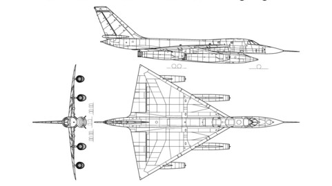 Convair B 58 Hustler 3 view line drawing svg vector file