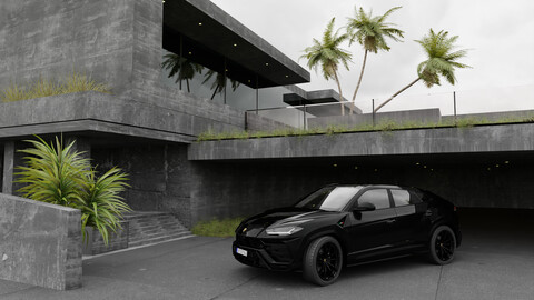 Automotive (Dark Gray) Villa -  Car Scene 3D Blender File