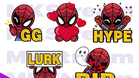 Emotes Chibi Spiderman gg, love, hype, lurk & rip pack