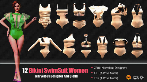 12 Bikini SwimSuit Women (CLO3D, MD PROJECTS+OBJ+FBX) Vol 01