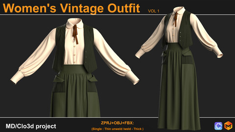 Women's Vintage Outfit  (VOL.01). Marvelous Designer/Clo3D project file + OBJ,FBX