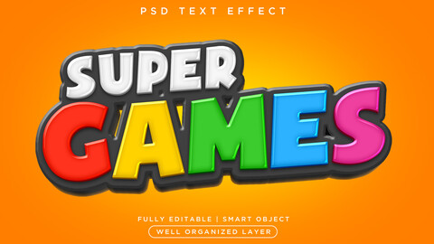 3D Super Games. PSD fully editable text effect. Layer style PSD mockup template