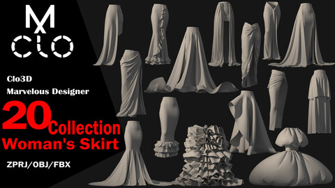 20 Woman's Skirt Collection / Clo3d / Marvelous designer / Project file / Obj / Fbx / Zprj