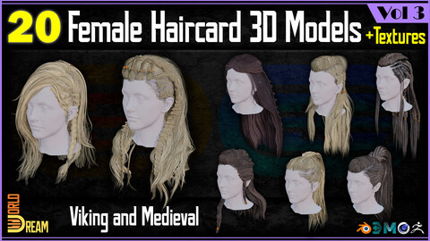 20 Female Viking and Medieval Haircard 3D Models | Vol 3