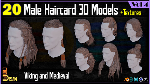 20 Male Viking and Medieval Haircard 3D Models | Vol 4