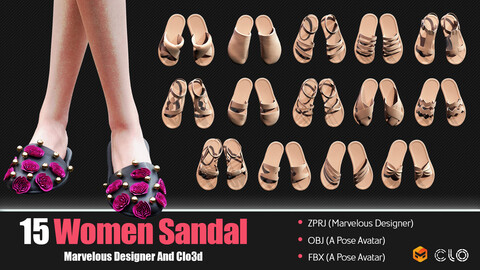 15 Sandal Women (CLO3D, MD PROJECTS+OBJ+FBX) Vol 01 + Free