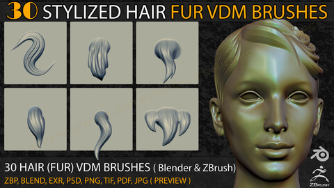 30 Stylized Hair (Fur) VDM Brushes for Zbrush & Blender (with Video tutorial )+ Alpha  (V-01 )