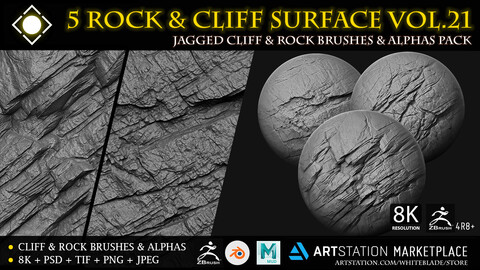 5 Digital Surface Rock & Cliff Brushes & Alphas Vol.21 - ZBrush/Blender/Mudbox/3dcoat