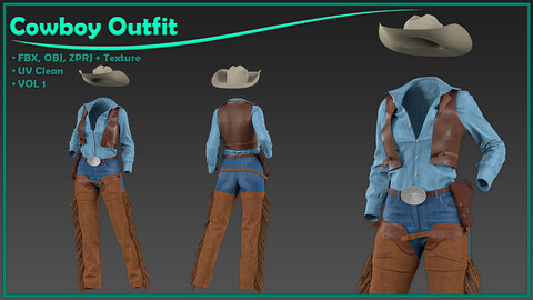 female cowboy outfit with texture/ zprj+obj+fbx+4K PBR/ clo3d, marvelous designer/ vol1