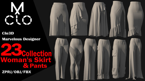 23 Woman's Skirt & Pants Collection / Clo3d / Marvelous designer / Project file / Obj / Fbx / Zprj