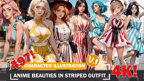 497 Anime Beauties in Striped Outfit Diverse Outfit Character Design Reference Art V1 4K