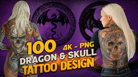 100 Dragon & Skull Tattoo Design and Print ( PNG Files )-4K- High Quality