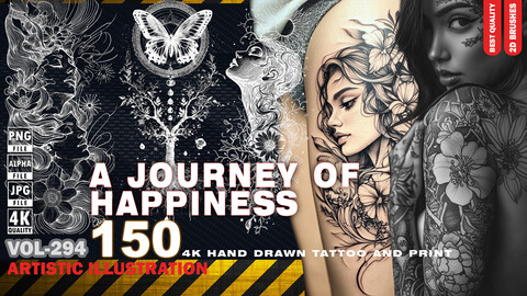 A JOURNEY OF HAPPINESS - 150 4K HAND DRAWN TATTOO AND PRINT - HIGH END QUALITY - (JPEG & TRANSPARENT PNG & ALPHA ) - VOL294