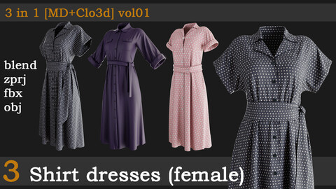 3 Shirt dresses(female) [zprj+fbx+obj+blend] vol01