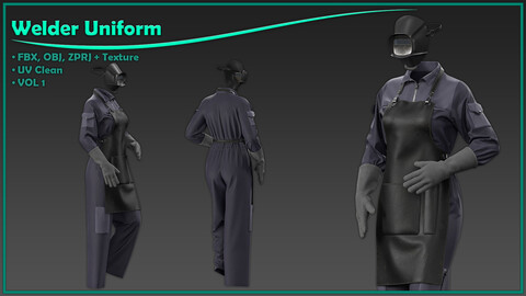 female welder uniform with texture/ zprj+obj+fbx+4K PBR/ clo3d, marvelous designer/ vol1