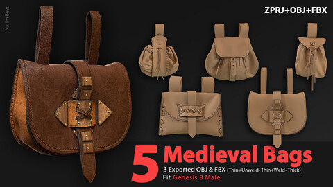 5 Medieval Bags (VOL.01). Marvelous Designer/Clo3D project file+OBJ,FBX