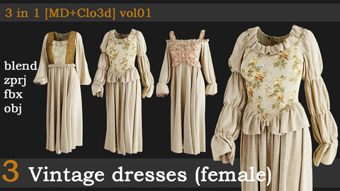 3 Vintage dresses [fbx+obj+zprj+blend]vol01