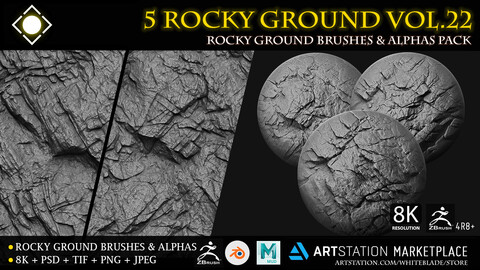 5 Digital Surface Rock & Cliff Brushes & Alphas Vol.22 - ZBrush/Blender/Mudbox/3dcoat