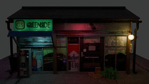 Retro Convenience Store Exterior with Neon Lighting