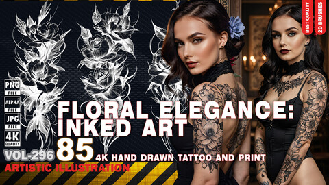 FLORAL ELEGANCE: INKED ART - 85 4K HAND DRAWN TATTOO AND PRINT - HIGH END QUALITY - (JPEG & TRANSPARENT PNG & ALPHA ) - VOL296