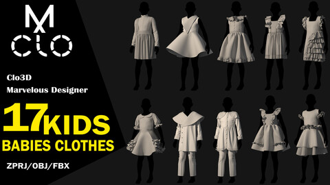 17 Kids & Babies Collection / 85%off / Clo3d / Marvelous designer / Project file / Obj / Fbx / Zprj