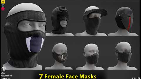 7 in 1 Female Face Mask- MD/Clo3d (OBJ+ FBX+ ZPRJ)+ Textures (VOL01)