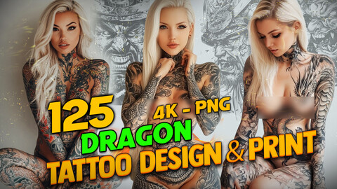 125 Dragon Style Tattoo Design and Print ( PNG Files )-4K- High Quality