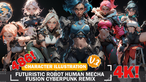 486 Futuristic Robot Human Mecha Fusion Cyberpunk Remix Diverse Outfits and Reference Art V2 4K