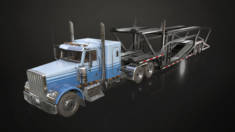 Flat Top Semi Truck Car Carrier Trailer - Low Poly