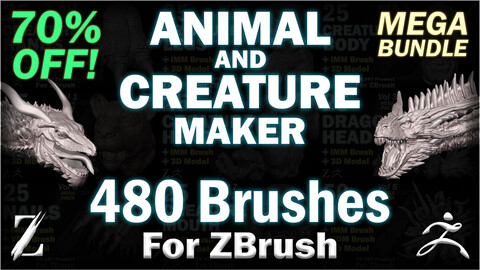 Animal and Creature Maker For ZBrush - 480 ZB ART Brushes (IMM Brush / VDM Bursh / 3D Model) - MEGA BUNDLE