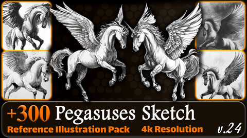 300 Pegasuses Sketch Reference Pack | 4K | v.24